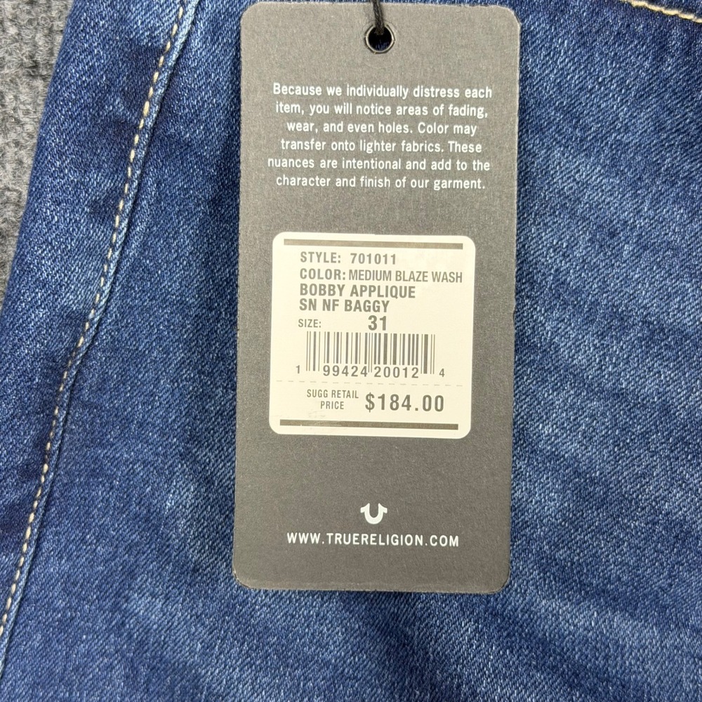 True Religion Bobby Relaxed Baggy Jeans Medium Blaze Wash TR Applique 31x32 NEW - Picture 7 of 8